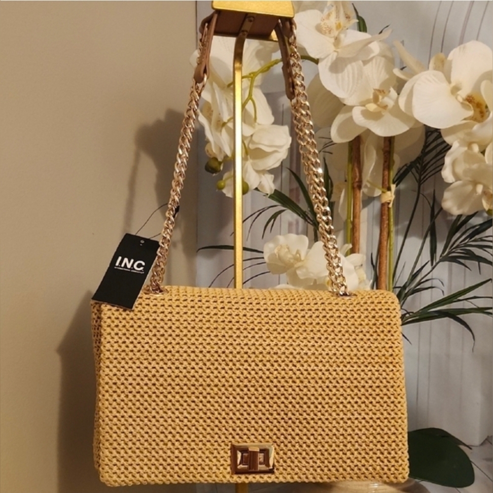 INC International Concepts Beige Woven Raffia Shoulder Bag